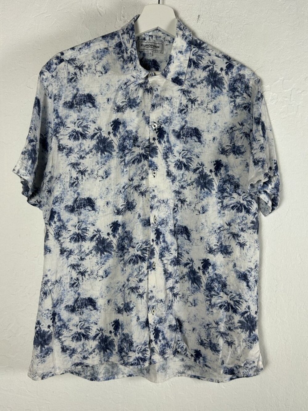 Europann Saint-Tropez Blue White Palm Print Linen Blend Mens Button-Up Shirt 2